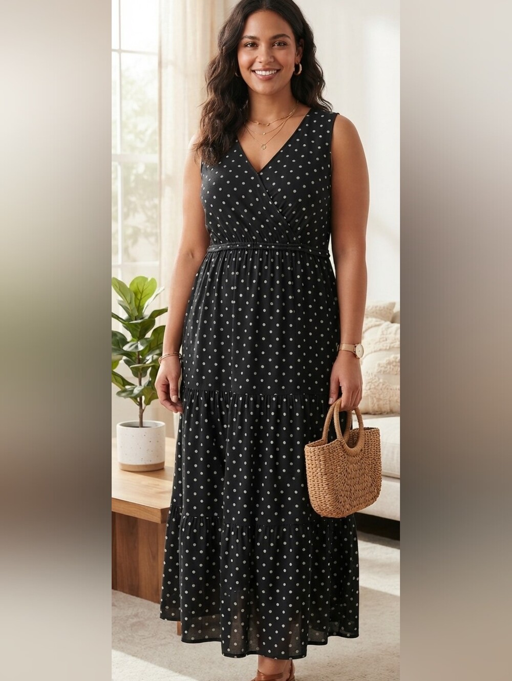 Relativity Black White Polka Dot Tiered Maxi Dress 1X